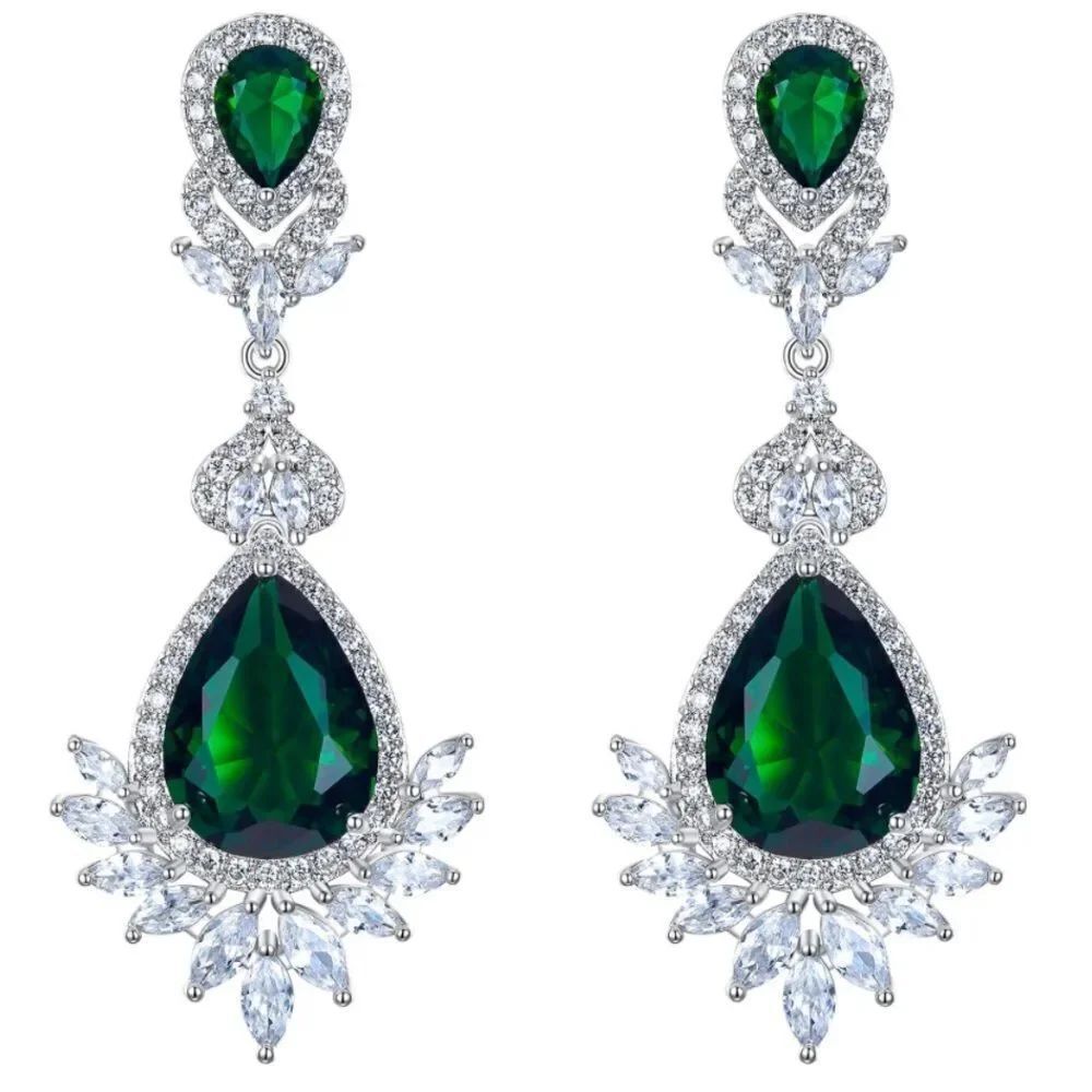 Silver with Emerald and Diamond Cubic Zirconia Vintage Style Chandelier Earrings